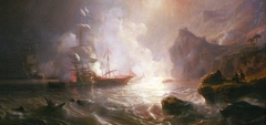 Battle of a French ship of the line and two galleys of the Barbary corsairs