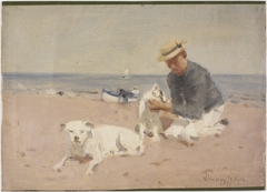 Beach Scene with Figures and Dogs by Denman Ross