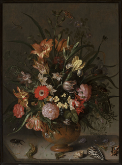 Bouquet of flowers in a vase, insects and tiny creatures