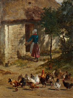 Chickens in front of a farmhouse