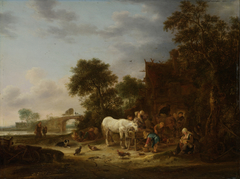 Country inn with a horse at the trough by Isaac van Ostade
