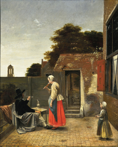 Courtyard with a man smoking and a woman drinking by Pieter de Hooch