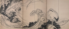 Cranes and Waves [left of a pair] by Soga Shōhaku