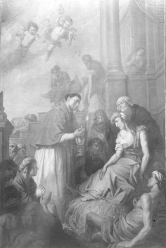 De heilige Carolus Borromeus verzorgt de pestlijders by Theodoor Boeyermans