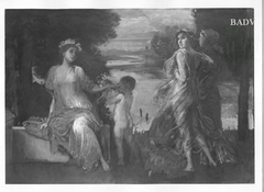 Drei Frauengestalten und Kind am Flussufer