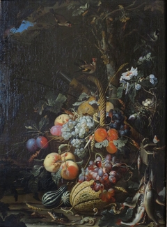 Forest floor still life with fruit, fish and a bird's nest
