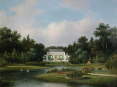 Gezicht op het buitenhuis De Heuvel in het Park met vijver waarin twee zwanen by Lodewijk Johannes Kleijn