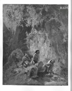 Hermite with 2 monkeys at rock-grotto "Zauberei" by Carl Spitzweg
