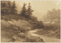 Heuvelachtig landschap met een rivier by Frederik Hendrik Kaemmerer