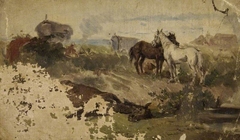 Horses in a field with gypsies and a caravan by Eyre Crowe
