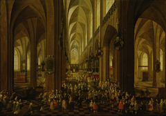 Innenansicht der Kathedrale Nôtre Dame zu Antwerpen (Erzherzog Leopold Wilhelm wird von der Geistlichkeit eingeholt) by Pieter Neeffs II