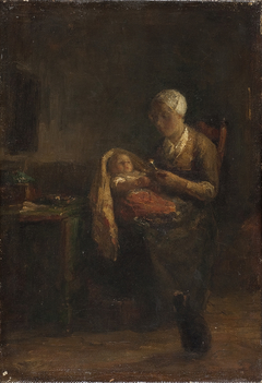 Interieur met moeder en kind by Henricus Johannes Melis