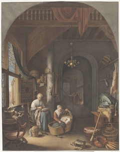 Interieur met moeder en kinderen by Abraham Lion Zeelander