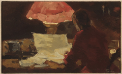 Interieurstudie (Ewijkshoeve, vrouw lezend bij een lamp). by Willem Bastiaan Tholen