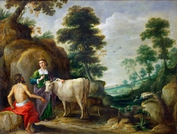 Io, transformed into a cow, is handed to Juno by Jupiter