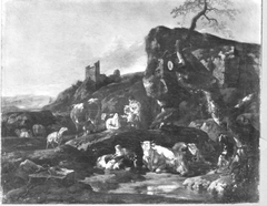 Italienische Berglandschaft mit Hirten und ruhender Viehherde by Johann Heinrich Roos