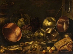 Kitchen utensils, meat and vegetables by Floris van Schooten