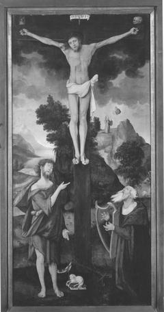 Kreuzigung Christi mit Johannes dem Täufer und König David (Allegorie von Gesetz und Gnade) by Hans Leonhard Schäufelein