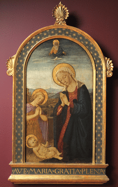 La Vierge, saint Jean-Baptiste et un ange adorant l'Enfant Jésus by Domenico di Zanobi