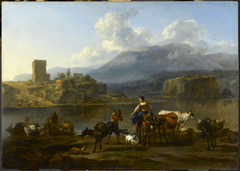 Landscape with shepherds and cattle crossing a river