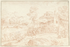 Landschap met vele figuren bij een herberg by Antoine Watteau