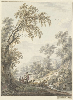 Landschap met watervalletje en in de verte een kasteel by Johann Heinrich Müntz