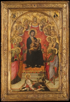 Madonna and Child Enthroned with Saint John the Evangelist, Saint Peter, Saint Agnes, Saint Catherine of Alexandria, Saint Lucy, an Unidentified Female Saint, Saint Paul, and Saint John the Baptist, with Eve and the Serpent; the Annunciation by Paolo di Giovanni Fei