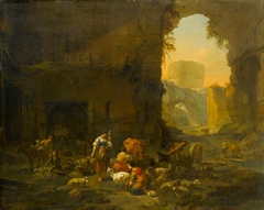 Milkmaids and Sheperds with their Flock at the Mouth of a Grotto, a Drover Watering his Cattle beyond by Nicolaes Pieterszoon Berchem