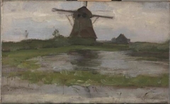 Oostzijdse mill viewed from downstream with mill at center by Piet Mondrian