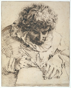 Portret van Gillis van Breen, tekenend of hout snijdend by Hendrick Goltzius