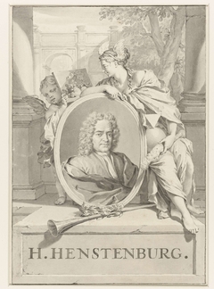 Portret van Herman Henstenburg in ovaal vastgehouden door vrouwenfiguur en putto