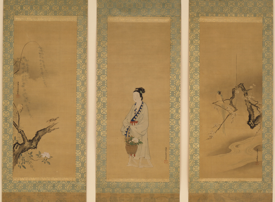 Reishō: Paragon of Filiel Piety; Chinese Blue Magpie with Flowering Plum; Sparrows, Willow, and Rose