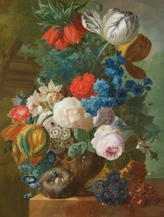 Roses, Tulips and Crown Imperial in a Vase with a Bird's Nest by Jan van Os