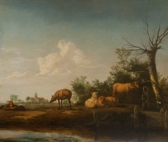 Sheep by a Stream with a Shepherd and his Dog