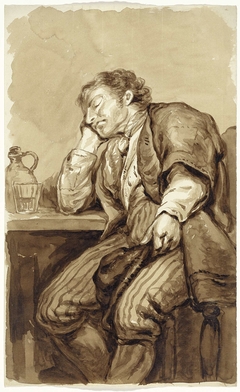 Slapende man, gezeten aan een tafel by Pieter van Loon