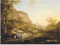 Southern Landscape with embracing Herders by Nicolaes Pieterszoon Berchem