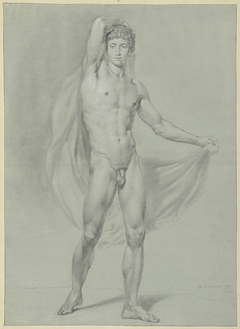 Staand mannelijk naakt, met een doek achter de rug, van voren gezien