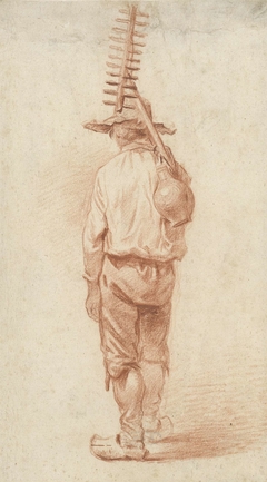 Staande boer met hark met kruik over de schouder, op de rug gezien by Barend Cornelis Koekkoek