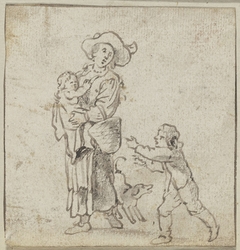 Staande vrouw met een kind in haar armen met nog een kind en een hond by Unknown Artist