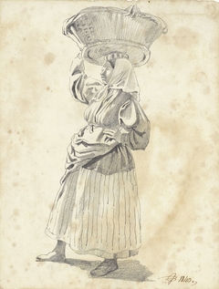 Staande vrouw met mand op het hoofd, naar links by Pieter van Loon