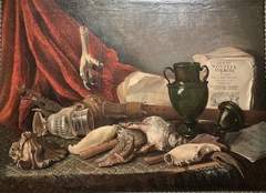 Still life on a draped table with music instruments, musical scores, a lying vase, a large shell, and the claw of a bird of prey, 1672 by Adriaen Honich