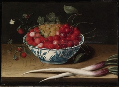 Still life with fruit in a porcelain bowl by Abraham Gibbens