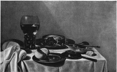 Still life with roemer and pie on a draped table
