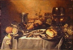 Still life with roemer, overturned berkemeyer, crab and salt cellar by Pieter Claesz