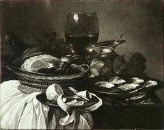Still life with roemer, oysters, ham, salt cellar and salt cellar by Pieter Claesz