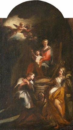 The Virgin and Child enthroned, adored by a Bishop-saint with an Angel