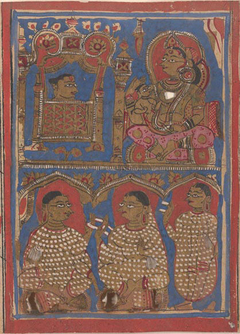 Vajra in His Cradle (top left) / Vajra Being Nursed by His Mother (top right) / The Nuns who Cared for Vajra (bottom); Page from a Dispersed Kalpa Sutra (Jain Book of Rituals) by anonymous painter