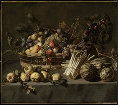 Vegetables and a Basket of Fruit on a Table