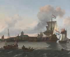 View from the Nieuwe Maas River towards the city of Vlaardingen by Ludolf Bakhuizen