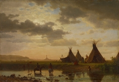 View of Chimney Rock, Ohalilah Sioux Village in the foreground by Albert Bierstadt